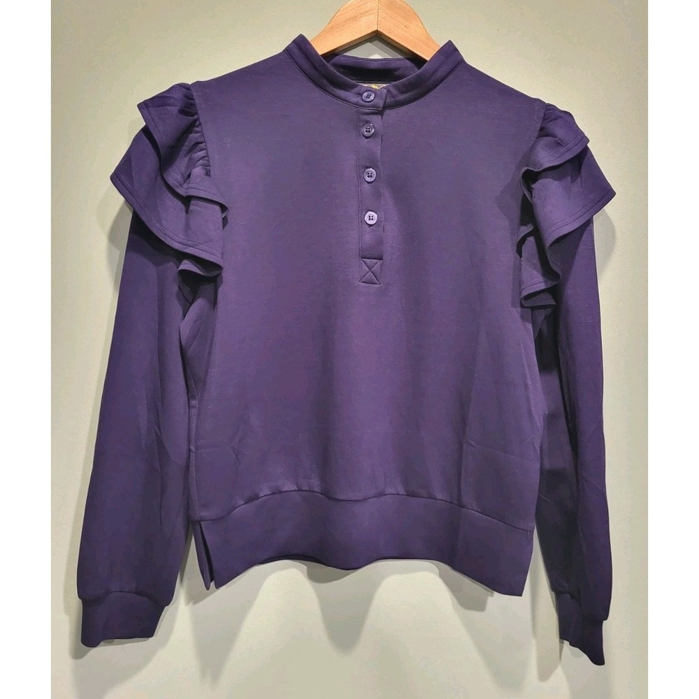 SSYS The Label Blue 1/4 Button Long Sleeve Ruffle Stretch Top Sz S